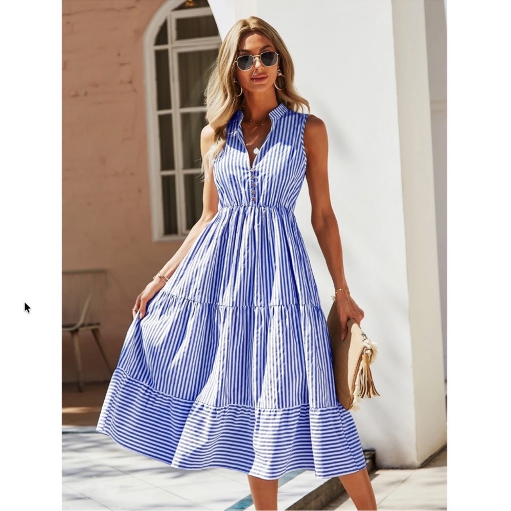 Striped Blue White V-Neck Midi Dress Sleeveless Fit & Flared
